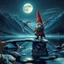 Placeholder: airbrush and pen outline, portrait of a glittering Deep Gnome (Svirfneblin) holding huge pickaxe balancing on frozen bridge pond, huge mountains and moon reflecting on pond, goa psy ambient in the style of vangelis and fsol, source vibrations, bokeh like f/0.8, tilt-shift lens 8k, high detail, smooth render, down-light, unreal engine, prize winning