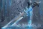 Placeholder: One fantasy greatsword that is slender, translucent blade made of ice. The hilt is made up of swirling vines, a vibrant crystal at the pommel. With a black background behind it. HD