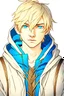 Placeholder: 18-year-old boy with dirty blond hair and a hairstyle with blue-colored eyes in a medieval fantasy hoodie