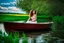 Placeholder: shot from front ,green field and wild flower field ,beautiful face girl in pretty dress curly hair sitting in a boat in water toward camera in trees next to wavy river with clear water and nice sands in floor.camera capture from her full body front, spring blosom walking to camera ,wild flowers moving in the wind ,blue sky,moving pretty clouds ,joy full facet.