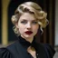 Placeholder: Young lady with short wavy blonde hair and painted lips in black historical clothing