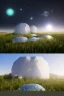 Placeholder: geodesic Dome a facettes transparant ultra réaliste, brouillard, prairie,riviers animé, soleil, ciel étoilé cgi,