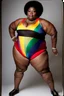 Placeholder: Massively obese black woman with a beard wearing a skin-tight rainbow leotard. Photograph.