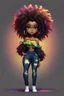 Placeholder: create a colorful abstract silhouette art image 8k of a chibi curvy black female wearing torn jeans pants and a black tie dye off the shoulder blouse. Prominent make up with hazel eyes. Highly detailed long tight curly afro in a hair wrap.