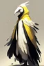 Placeholder: yellow to white feathered aarakocra in anime style wearing a long black cloak covering it's entire body and head