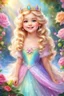 Placeholder: Adorable digital painting of a beautiful little girl in a gorgeous rainbow princess dress, portrait of Elsa, sparkling crown, front view, beautiful smile, shiny golden curly hair, angel eyes, beautiful face, rosy cheeks, pink lips, Elsa face, digital art, surrounded by paradise garden and roses in the background, romantic style, pastel world, high quality, 4k