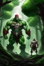 Placeholder: kratos standing of with hulk in a forest