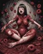 Placeholder: Petit weird woman crushed inside really darkred fleshy stomach filled with digestive juices, sit pose, fullbody, screaming, tears, Junji Ito style, darkred tones,