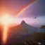 Placeholder: Christ the Redeemer, sunset, rainbow sunset, waterfall, palms, twigs, spring, sunset rainbow, bridge flying birds, unreal engine 5, cinematic lighting, realistic, hyper detailed, 8k, octane render, cinema 4d