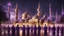 Placeholder: Hyper Realistic Photographic-View of lots of Muslim-Men praying outside a Massively-Huge-Beautifully-Crafted-Purple-&-Golden Mosque with detailed-minarets & Ramadan-Light-Decorations-&-Lamps-&-a-water-fountain at beautiful-dark-rainy-night with dramatic-&-Cinematic-Ambiance