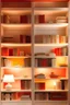 Placeholder: Book shelves in soft colors with white, red and orange colors, beautiful soft lighting