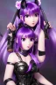 Placeholder: Detailed cute anime Kunoichi girl, purple hair buns, purple bangs, black latex bodysuit, intricate details, full body portrait, keep head in frame, slight smile, black Japanese motif, concept art, highly detailed, digital painting, concept art, sharp focus, illustration, art by Yoji Shinkawa, WLOP and greg rutkowski and alphonse mucha and artgerm and yanjun Chen and Junji ito and Makoto Shinkai, HDR, octane render