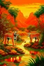Placeholder: An orange colored jungle with devilish tigers and an acid lake painted by Jeffrey Kolker