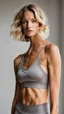 Placeholder: photography of a beautiful anorexic woman, grey satin sports bra, sports illustrated, blond short wavy bob haircut, pronounced sternum, grey running leggins