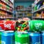 Placeholder: An image of supermarket products, with several colored soda cans at the bottom of the image, with M&M chocolates spilling out of them, in a soda-like atmosphere and cheerful, beautiful colors.