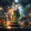 Placeholder: portrait of chopped crazy scientist and army officer irradiating food inside grove with huge fluffy levitating yoga hare with nightmare mutations, 4 k, down-light, soft light, depth of field, photo realism, trending on art station, high detail, spray paint