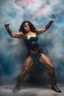 Placeholder: wonder woman extremely huge, overexaggerated muscles, posing and flexing in a front of the camera, random extreme action poses, an extremely colorful, multicolored foggy blue marble wall in the background with a colorful marble tile floor, multicolored lightning, realism engine,