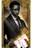 Placeholder: Dashing black man in a suit, holding a deck of cards. There's a young fey dragon with him.