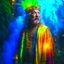 Placeholder: paint splatter, photorealism, a russian hippie king hovering in the underground grove glowing light, in the style of italian masters, 8k, down-light, soft light, depth of field, photo realism, trending on art station, high detail, smoke and fog