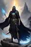 Placeholder: A commander with a black cloak and a long coat with long combat boots and a long spear with his Helmet is golden under his cloak like assasins With a magical power in his hand and a white anklet and boots With blue flame eyes,It has two black wings on its back,Standing on top of a rock