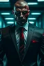 Placeholder: Bodyguard human with red cyberpunk eyes in the business suit at the office