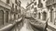 Placeholder: A detailed pencil sketch of a narrow Venetian canal with boats and buildings in the background, dappled lighting creating a dreamy atmosphere, intricate shading adding depth to the scene