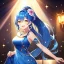 Placeholder: girl, masterpiece, best quality, cinematic lighting, detailed outfit, perfect eyes, blue hair, golden eyes, long hair, ponytail, laughing, spotlight, hair flower, blue dress, sparkle, necklace, earrings, indoors,