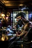 Placeholder: symbol for gazillion, scary tattooist in high end parlor, smoke, mist, lightrays, depth of field, photography