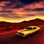 Placeholder: muscle car, desert road, sunset, full colour,