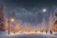 Placeholder: oil paint, people walking at night on a snowy mountain village, Christmas decorated street lights, night Christmas lights, smoke from the fire places of the houses, colours, trees without leaves, moon behind the clouds, view from above, extra ordinary details.