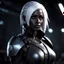 Placeholder: Attractive young female drow wearing a scifi bodysuit, post-apocalyptic background, dark eyeshadow, white hair, anime style, video game character, unreal engine, trending artstation, trending deviantart