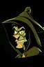 Placeholder: 1970s goofy character of a pirate wearing a black hooded cloak, drawn in a early animation style, inside a lighter diamond shape on a black background, monochromatic