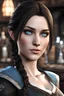 Placeholder: A female breton barmaid from Skyrim with light blue eyes, brunette