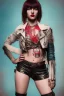 Placeholder: photo of a beautiful Polish young punk woman taken by a Mamiya M645 camera with portrait lens on colour medium-format film, red lips, blue eyes, red mohawk, black leather jacket, Ramones style, heavy boots, fishnet stockings, torn t-shirt, nosering, few earrings, belly ring