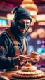 Placeholder: portrait of wilderness ninja baking the highest cake during a casino game show, bokeh like f/0.8, tilt-shift lens 8k, high detail, smooth render, down-light, unreal engine, prize winning