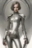 Placeholder: full body picture of a skinny woman with a bob, in silver armour, holding a curved sword, futuristic steampunk background