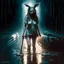 Placeholder: sytlish digital illustration, disheveled soaking wet woman in bunny costume with limp ears in middle of the road illuminated by headlights, dragging an ax, Dramatic, heavy rain, creepy, complex contrast, dynamic composition, scary, horror movie