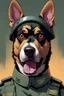 Placeholder: A soldier dog dressed in military combat uniform, digital illustration portrait, dog's face is snarling, aggressive, angry, Craig Miller , futuristic, pulp fiction graphic novel style