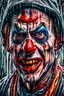 Placeholder: ultra detailed and highly realistic image of a gothic, scary clown, close up of him standing in the rain, the rain messed up his face makeup as it smudged of his face, chaotic, dramatic upclose view, 32k, splatter paint style