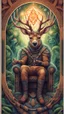 Placeholder: mandala style framed playing card illustration, close up portrait of a happy blessed ancient magical scaly slimy weird deer mad max soldier posing for photo shoot on a throne, holding a burning sceptre, in a space alien mega structure with stairs and bridges woven into a sacred geometry knitted tapestry in the middle of lush magic jungle, bokeh like f/0.8, tilt-shift lens 8k, high detail, smooth render, down-light, unreal engine, prize winning