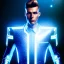 Placeholder: Handsome galactic man, glitter blue and white tron suit with jewels, blond hair, blue eyes, cinematic lights, full details, hight quality, unreal engine 5, 4k, cosmic stars background