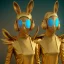 Placeholder: Front portrait, ciber woman with rabbit mask, latex suit, gold pink and blue style, photo studio, vibrant color, highly detailed, concept art, smooth, unreal engine 5, god rays, ray tracing, RTX, lumen lighting, ultra detail, volumetric lighting.