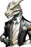 Placeholder: A silver Dragonborn from dnd wearing a tuxedo