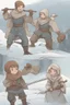 Placeholder: DnD style, two medieval peasant kids playing in the snow, female age 14 and male age 15, happy and playful, he has a short sword.