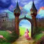 Placeholder:  Castle into sky, with flowers of fire. Green clouds and birds. Shy girl going out of the main gate. Detailed painting, sharp color, medieval, intricate detail, far sceen, realistic colors, medieval concept art. spring.