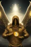 Placeholder: running berserker portrait , no face, black jogging suite , in the night Alps , holding bitcoin , angels background, volumetric gold light, high detail, dark leaf tree, dark mountains in background, perfect