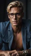 Placeholder: portrait of a 35 year old man very handsome with a sharp Jawline. lightly tanned skin. blonde hair cut short, clean shaven, wearing glasses