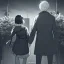 Placeholder: anime couple with day on one side night on the other, stormy night on one half, sunny day on the other half,ballancing scale, couple is standing back to back, image is half color and half black n white.