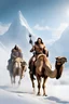 Placeholder: inspired by all the works of art in the world - laughing - Conan the Barbarian leads a Camel through the snow, full body image, Absolute Reality, Reality engine, Realistic stock photo 1080p, 32k UHD, Hyper realistic, photorealistic, well-shaped, perfect figure,