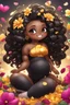 Placeholder: A sassy thick-lined airbrushed cartoon black chibi girl lounging lazily on her side, surrounded by flower petals. She has a golden lion tail curling playfully behind her curvy body. Looking up coyly, she grins widely, showing sharp lion teeth. Her poofy hair forms a mane framing her confident, regal expression.